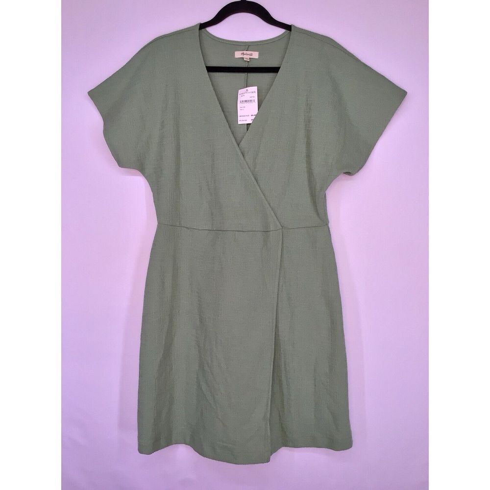 Madewell Cross Front Flutter Sleeve Minidress In Dried Aloe Size Large NEW